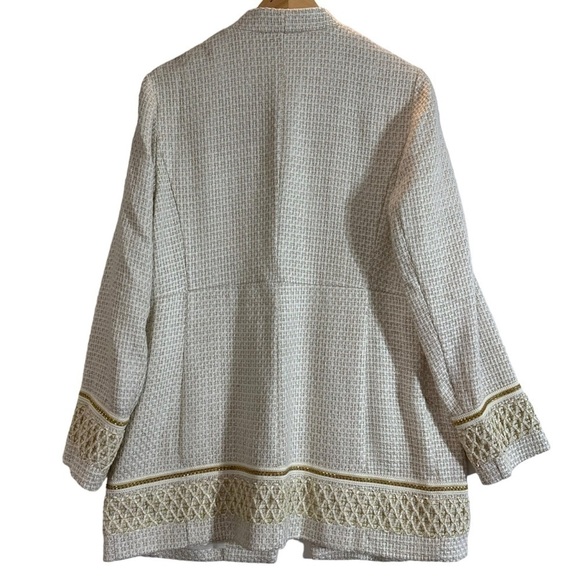 Chico’s Ivory Gold Metallic Embellished Trim Textured Open Jacket - Picture 5 of 14